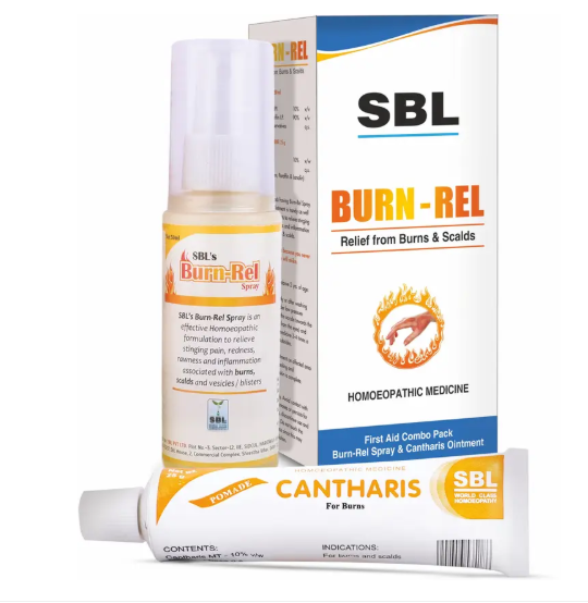 SBL BurnRel First Aid Combo Pack of BurnRel Spray 50ml and Cantharis Ointment m Kits of 2 QTY