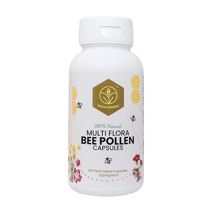 Shiva Organic Multi Flora Bee Pollen 500 mg  Capsules Jar of 100 QTY