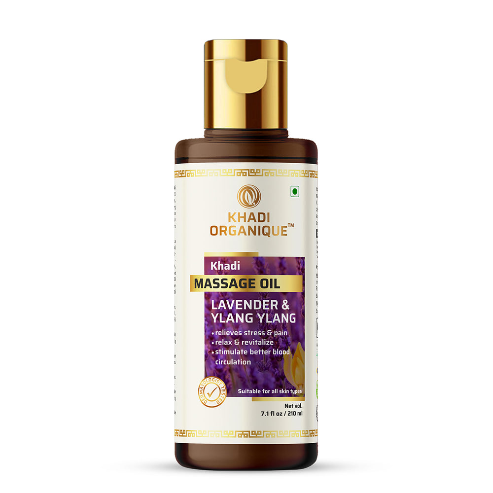 Khadi Organique Lavender and Ylang Ylang Masaage Oil WITHOUT MINERAL OIL Bottle of 210 ML