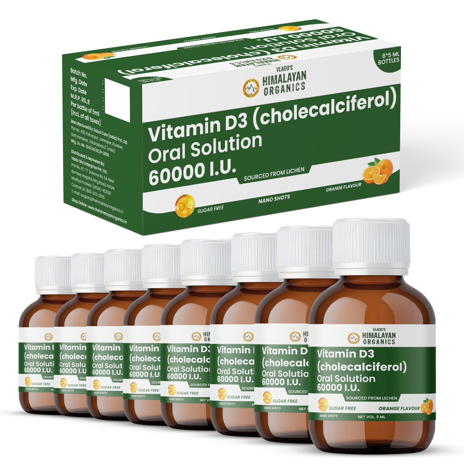 Vlado Himalayan Organics Vitamin D3 60000 IU Shots  Cholecalciferol Vitamin D3 60000 IU Supplement  Sugar Free  5ml Each bottle Orange Flavour Pack of 8 Bottle of 40 ML