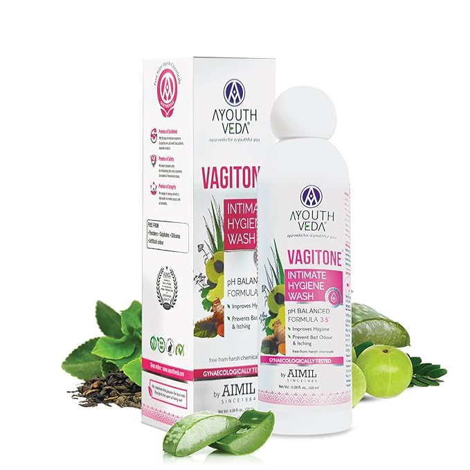 Ayouthveda Vagitone Intimate Hygiene Wash  Enriched With Aloe Vera Amla and Green Tea Intimate Wash haridra green tea aloe vera amla majuphal lodhra sheetal chini palash 100 ml Bottle of 100 ML