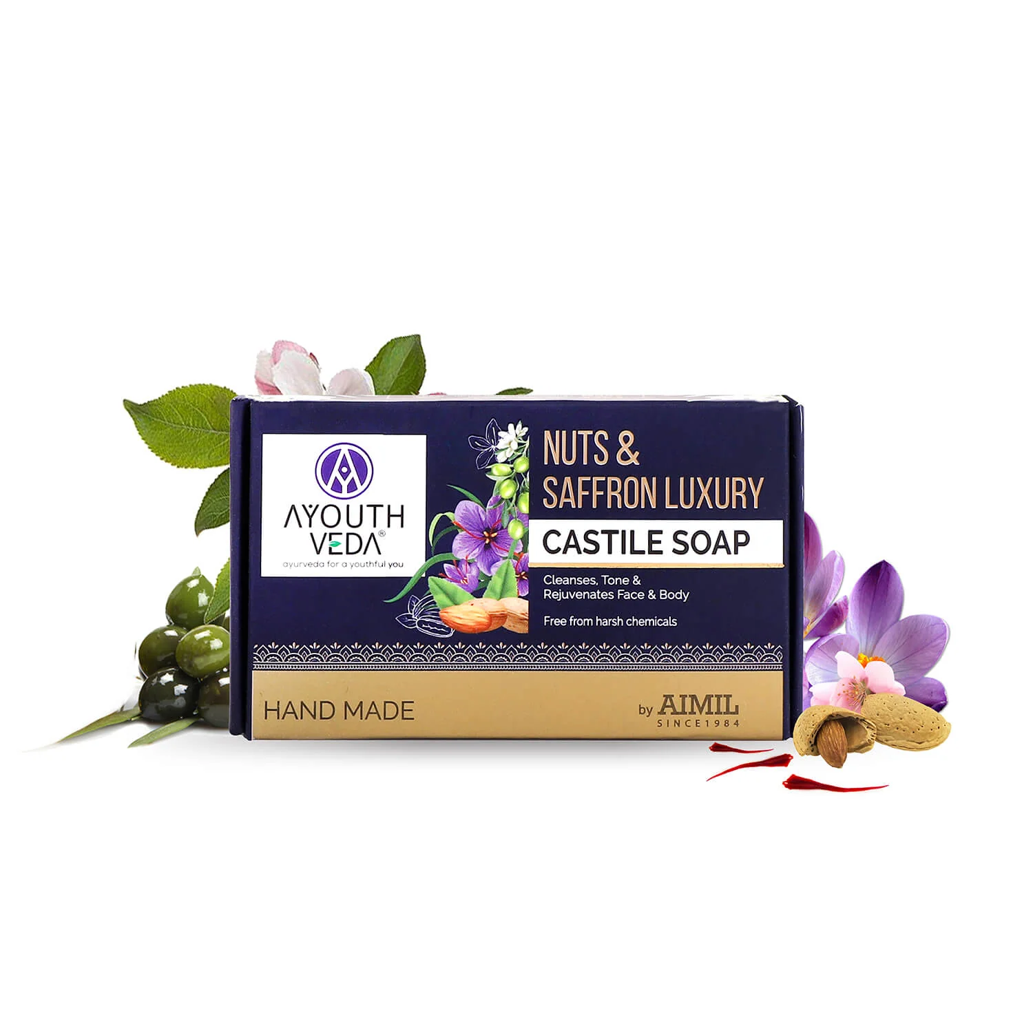 Ayouthveda Nuts and Saffron Luxury Castile Soap  Cleanse Tones and Rejuvenates Skin 110g Sachet of 110 GM
