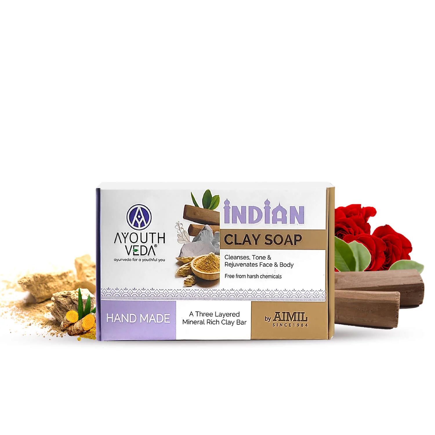 Ayouthveda Handmade Indian Clay SoapNourishes Protectes and Hydrates SkinDaily Use Bar Sandlewood and Garden Rose 100 g Sachet of 200 GM