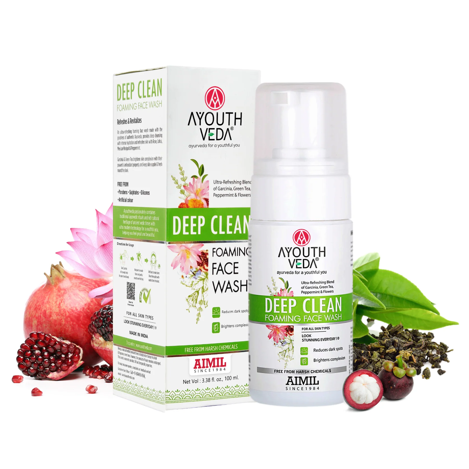 Ayouthveda Deep Clean Foaming WashRefreshing Blend of Indian MadderGarcinia and Pomegranate Face Wash 100ml Bottle of 100 ML