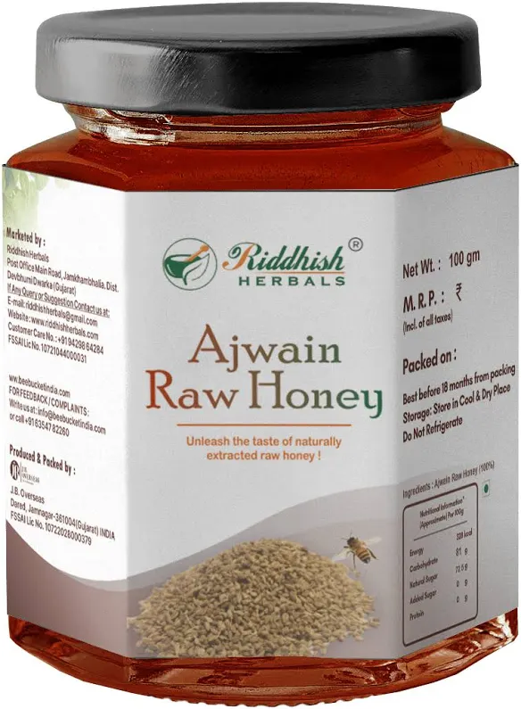 Riddhish Herbals Ajwain Raw Organic Honey 100g Jar of 100 GM
