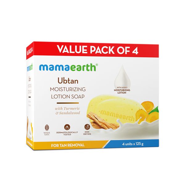 MamaEarth Ubtan Moisturizing Lotion Soap and3 Plus 1 Freeand and125 g x 4and Box of 500 GM
