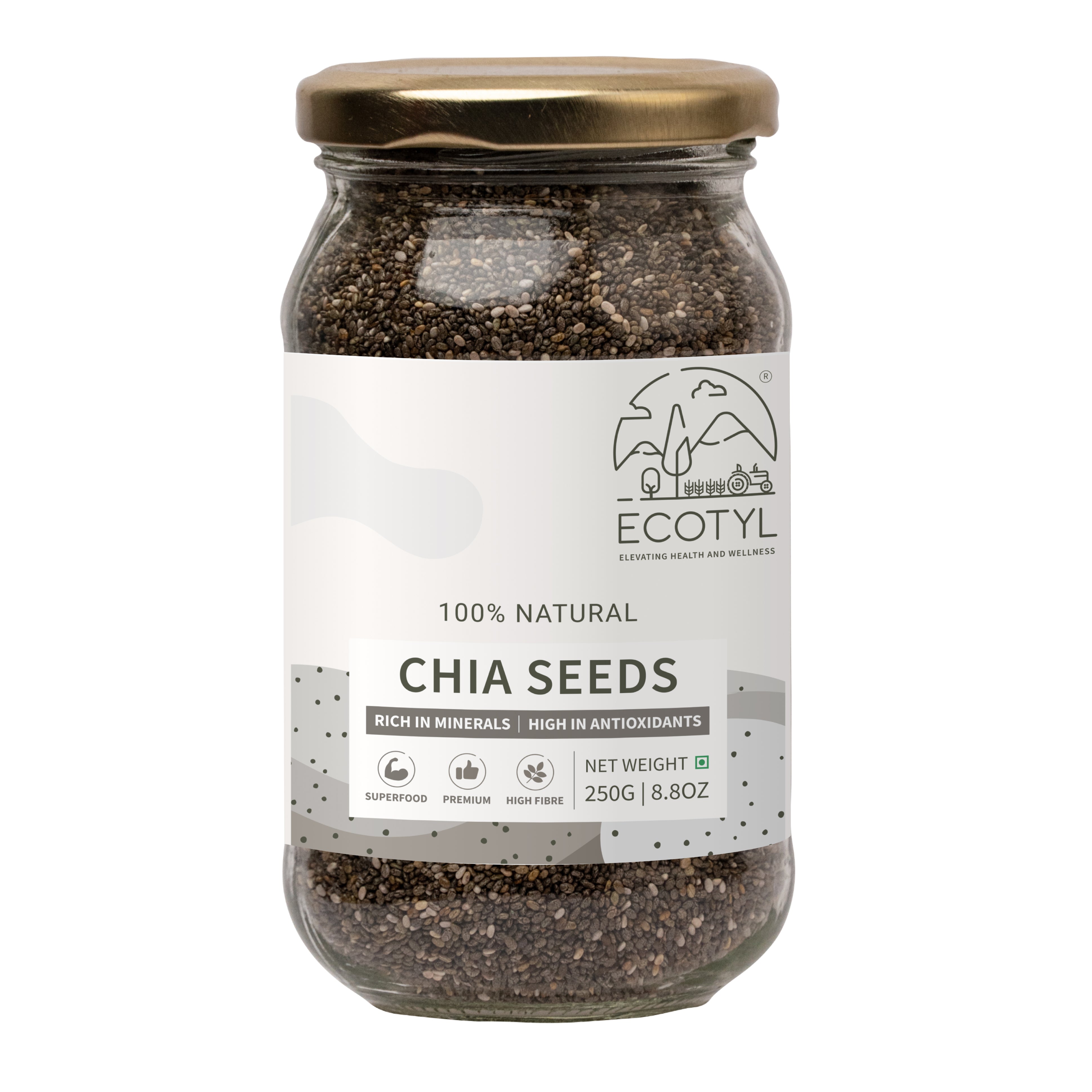 Ecotyl Chia Seeds  Raw  Rich in Antioxidants and Fibre  250g Jar of 250 GM