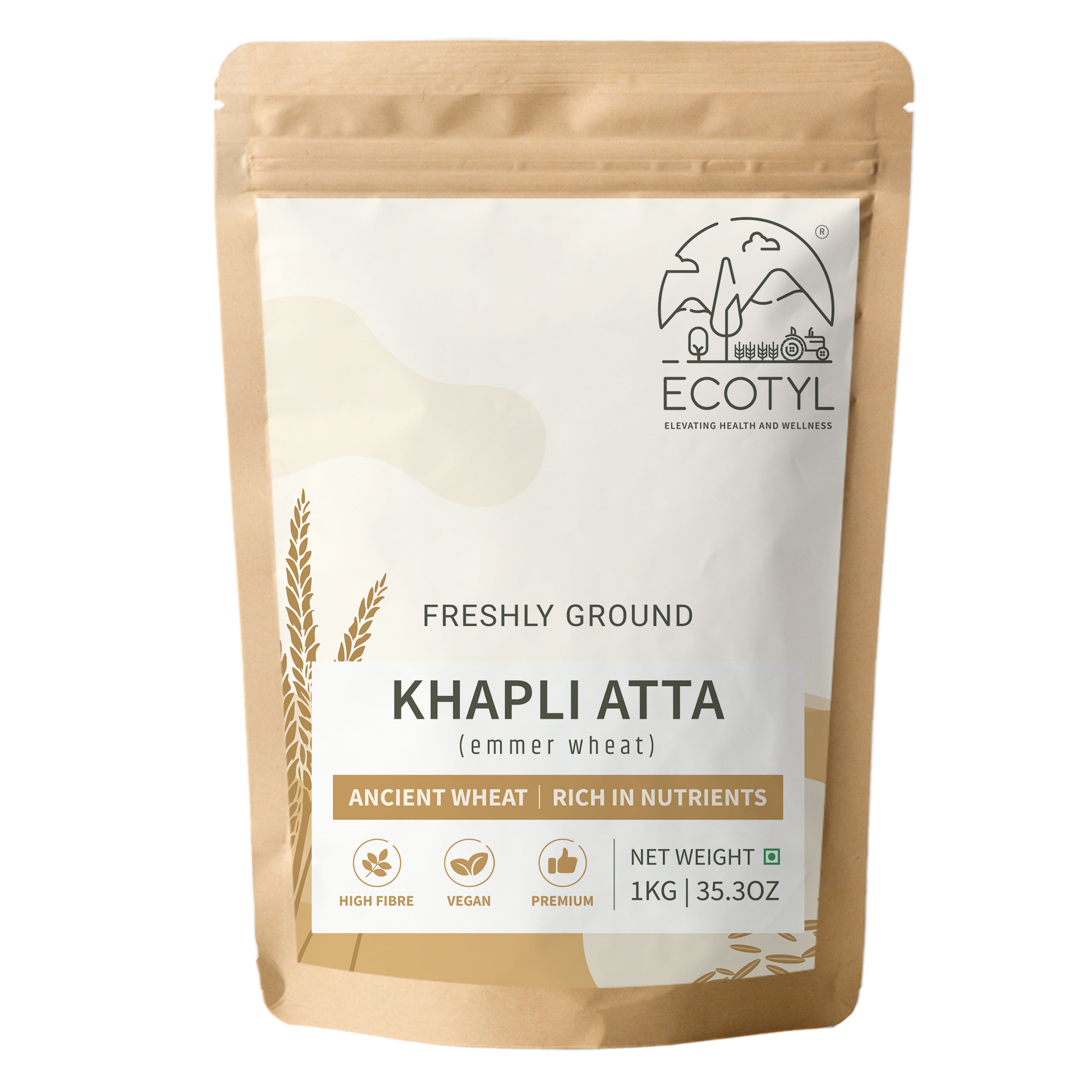 Ecotyl Khapli Atta  Emmer Wheat  Low Gluten  1kg POUCH of 1000 GM