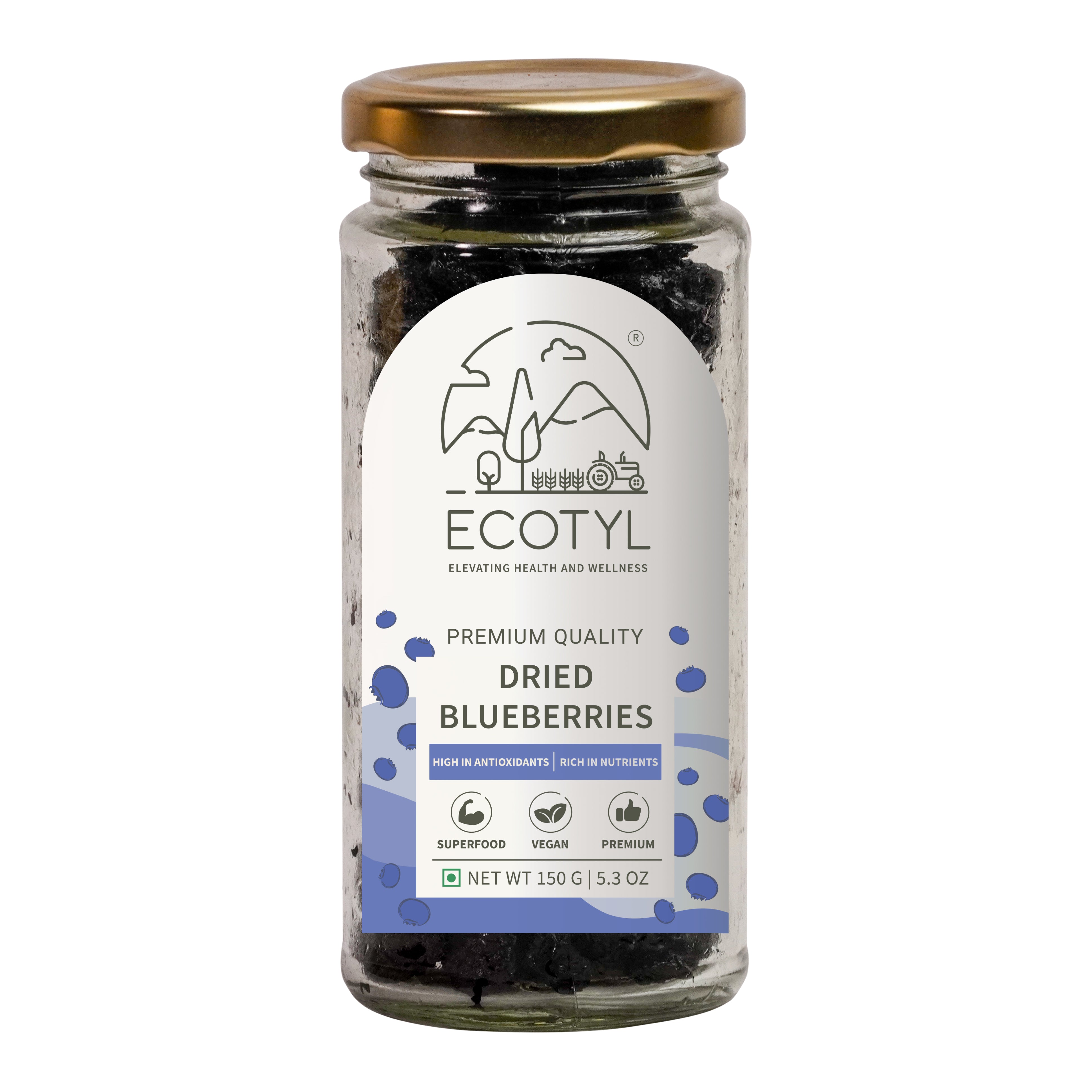 Ecotyl Dried Blueberries  Whole Dried Fruit  Healthy Snack 150g Jar of 150 GM