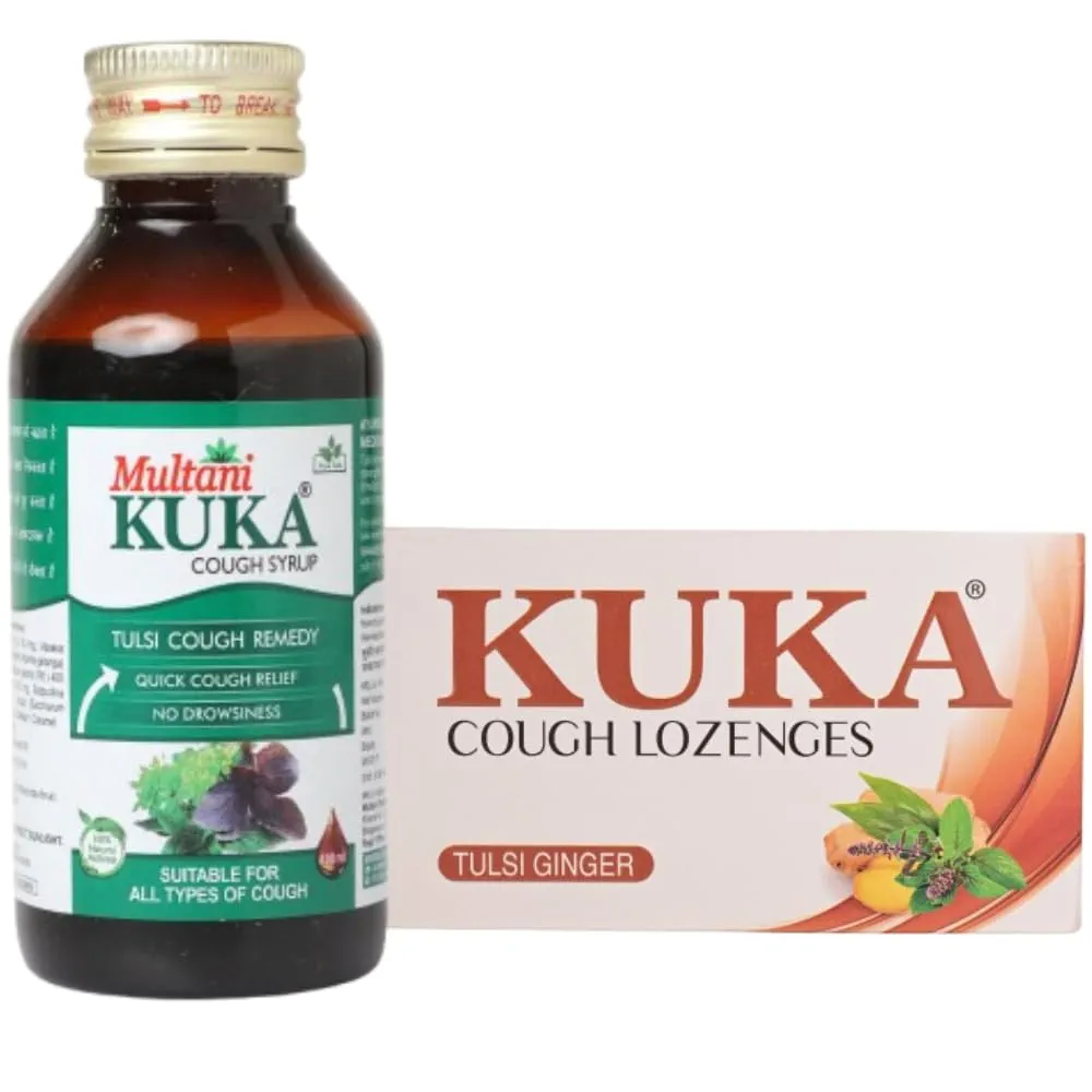 Multani Kuka Cough Combo Kuka Cough Syrup 100ml and Kuka Cough Lozenges TulsiGinger 8X6  Each1 Bottle of 100 QTY
