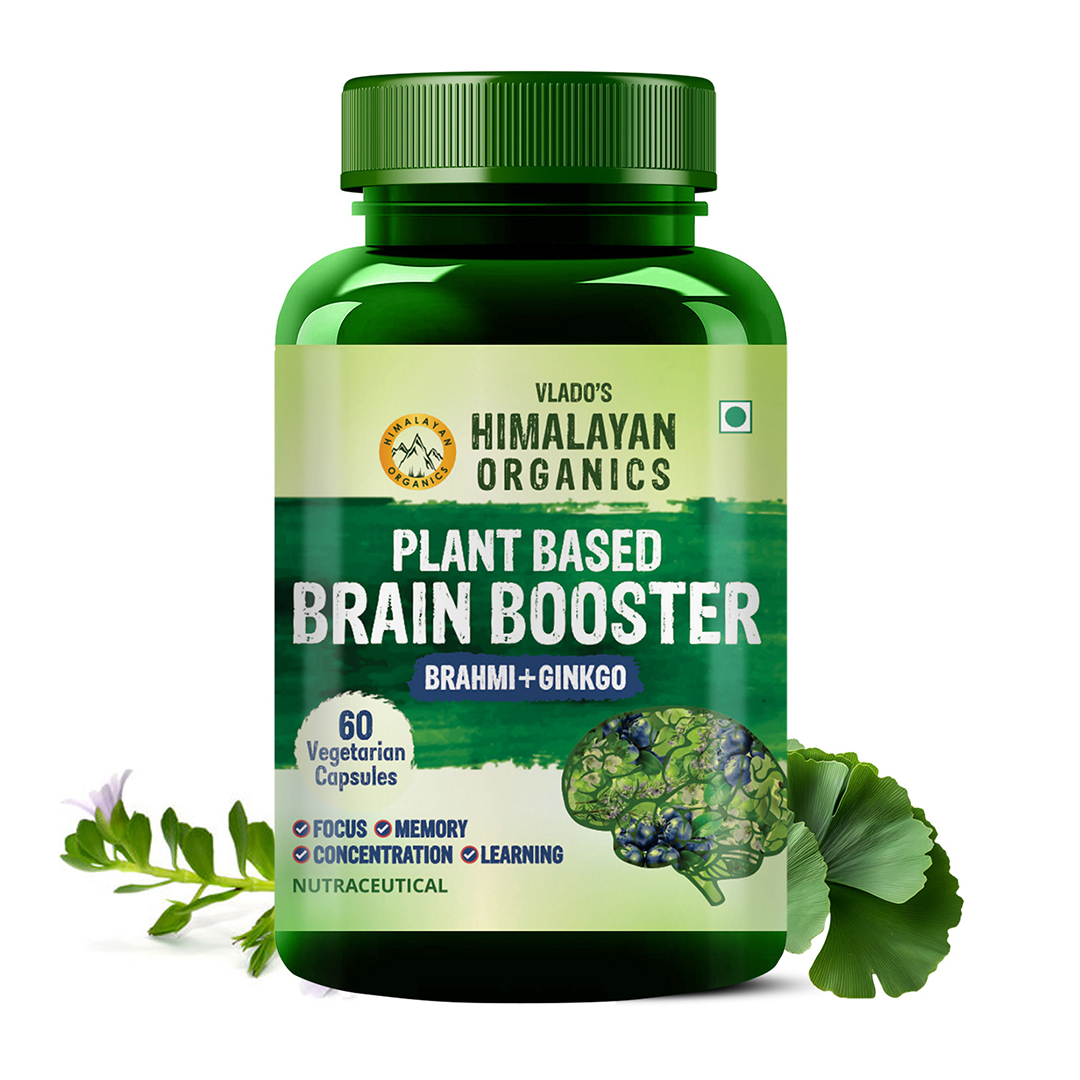 Himalayan Organics Plant Based Brain Booster Supplement with Ginkgo Biloba and  Brahmi Boost concentration and Memory Bottle of 60 Capsules Capsule