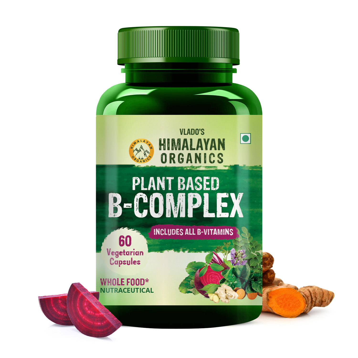 Himalayan Organics Plant Based B Complex Vitamins B12 B1  B2 B3 B5 B6 B9 and Biotin for Metabolism Bottle of 60 Capsules Capsule