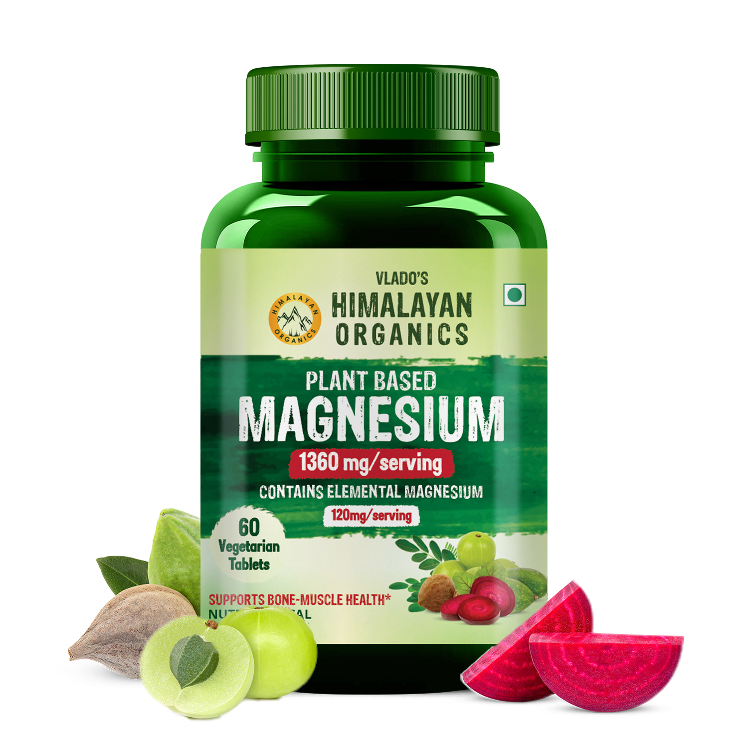 Himalayan Organics Plant Based Magnesium Supplement 1360mg Bottle of 60 Tablets Tablet