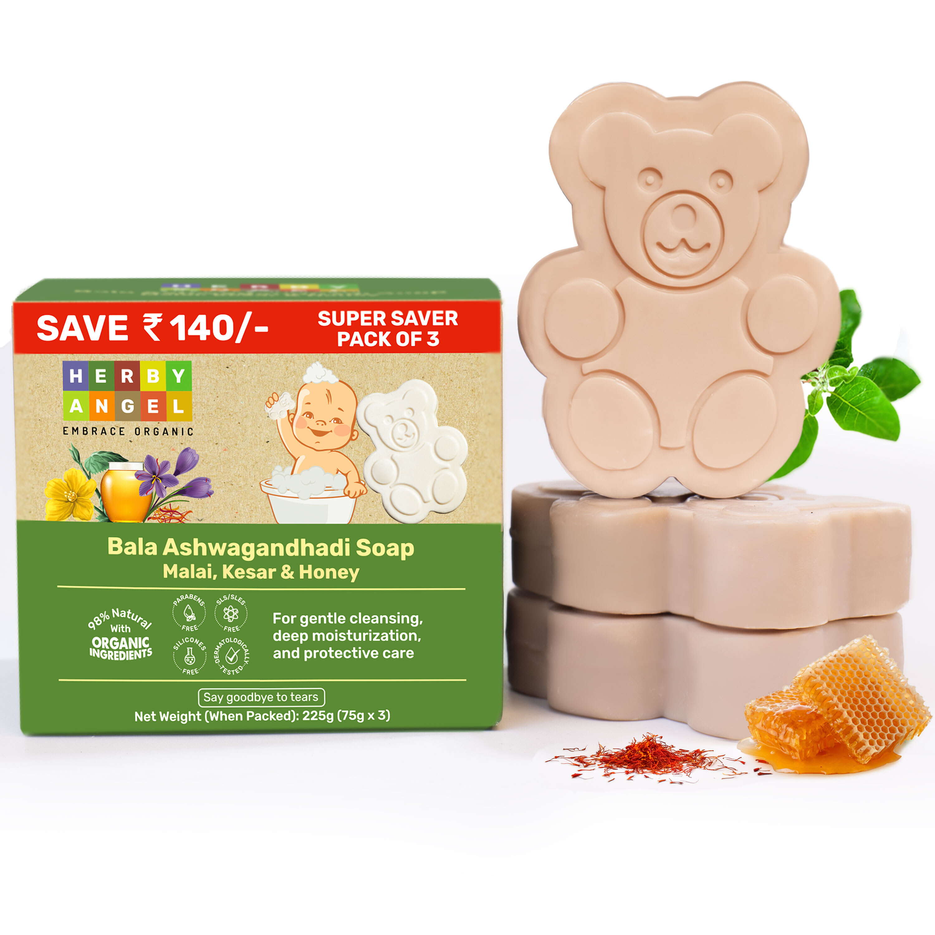 Herby Angel Natural Soap for Babies and Kids with TearFree Formula Pack of 3 75 Grams Each Kits of 256 GM
