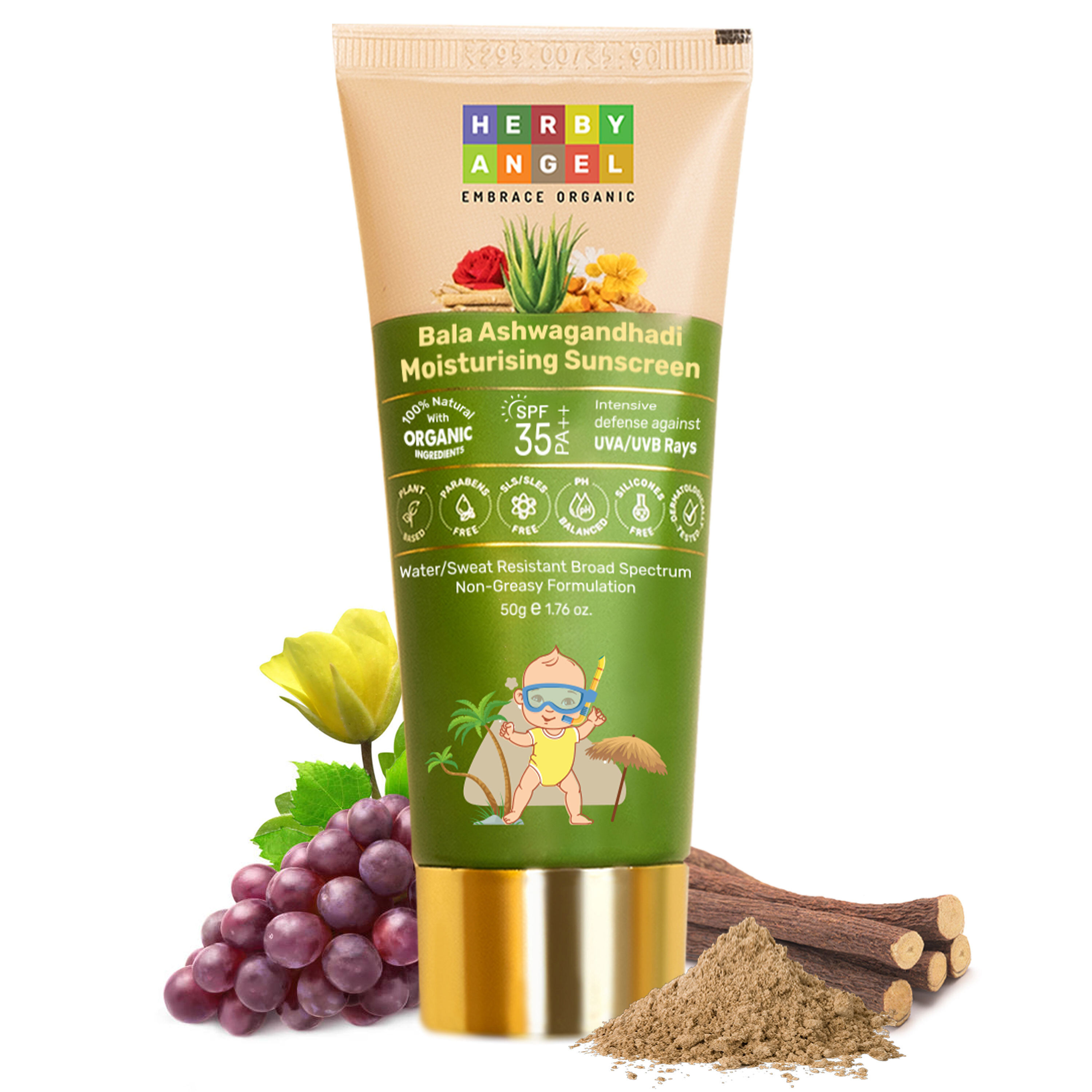 Herby Angel Natural Kids Sunscreen for Babies and Kids  SPF 35 PA Plus plus  50ml Tube of 50 ML