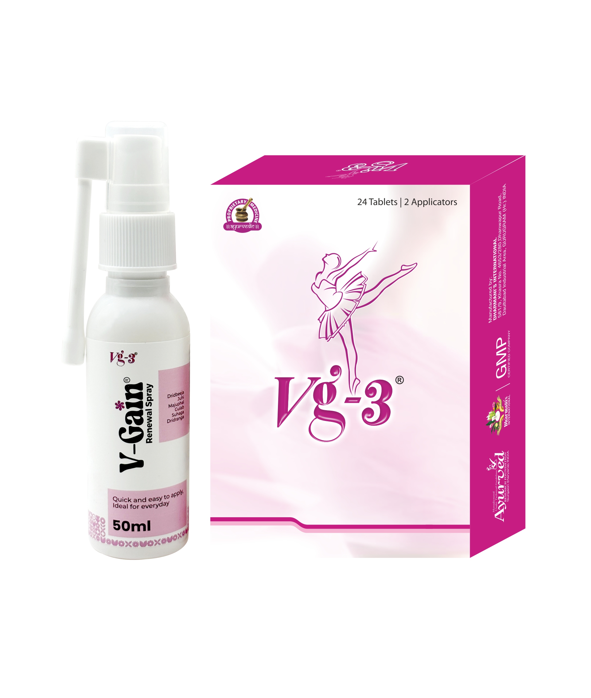 Dharmani s International VGain Spray with VG3 Tablets for Women  Traditional Herbal Personal Care  Gentle Daily Use  Natural Ingredients  50 ml plus 24 Tablets  Pack of 2 Bottle of 2 QTY