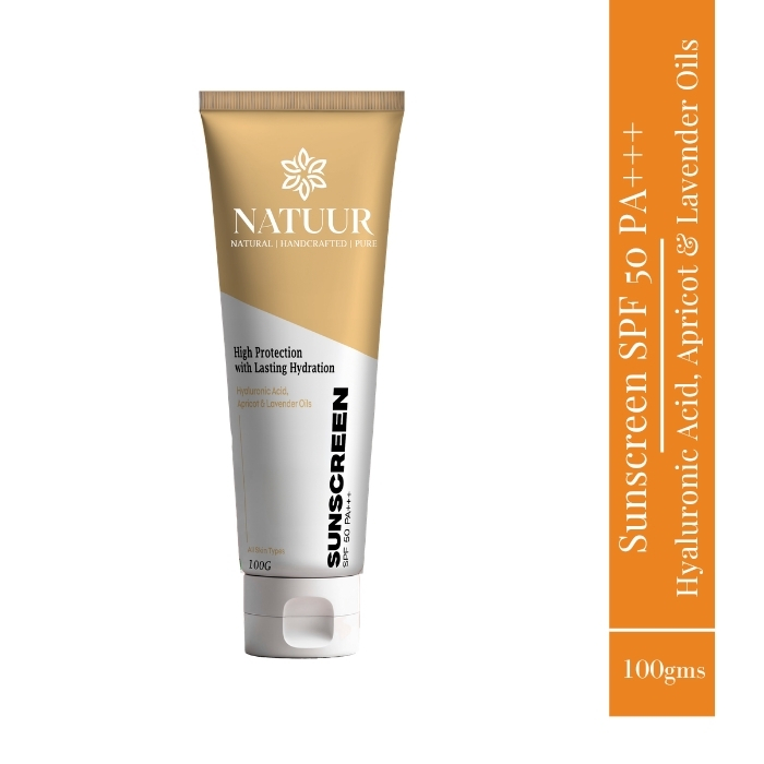 Natuur Sunscreen  SPF 50 PA Plus plus plus  with hyaluronic acid apricot and lavender oils 100ml Tube of 100 GM
