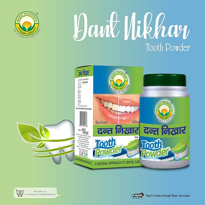 Basic Ayurveda Dant Nikhar Manjan Herbal Tooth Powder for Healthy Teeth and Gums  30g Bottle of 30 GM